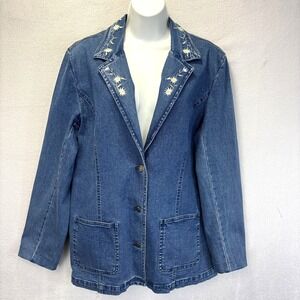 Vintage Denim & Co. Embroidered Denim Blazer Jacket Womens Large Blue Floral